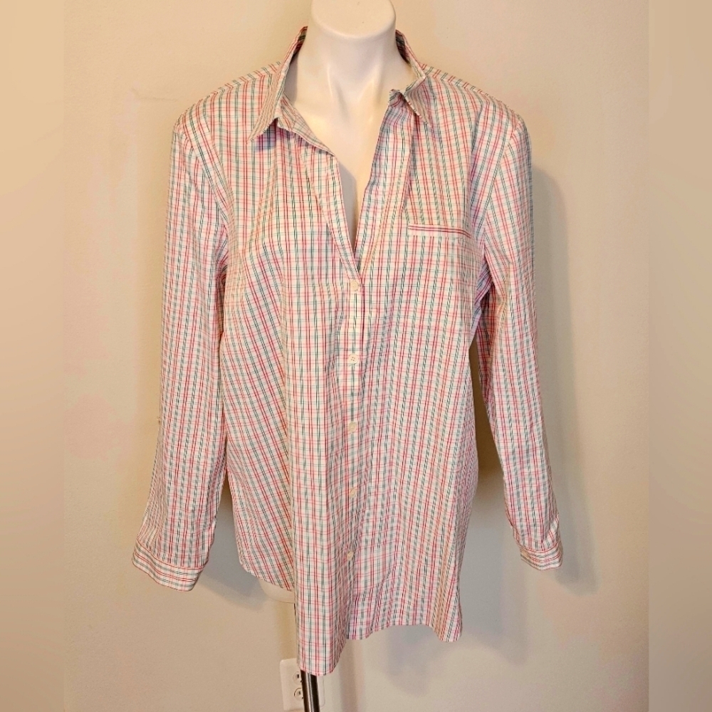 Lafayette 148 LS Button Up Shirt Elongated Cuff Green XLarge Womens